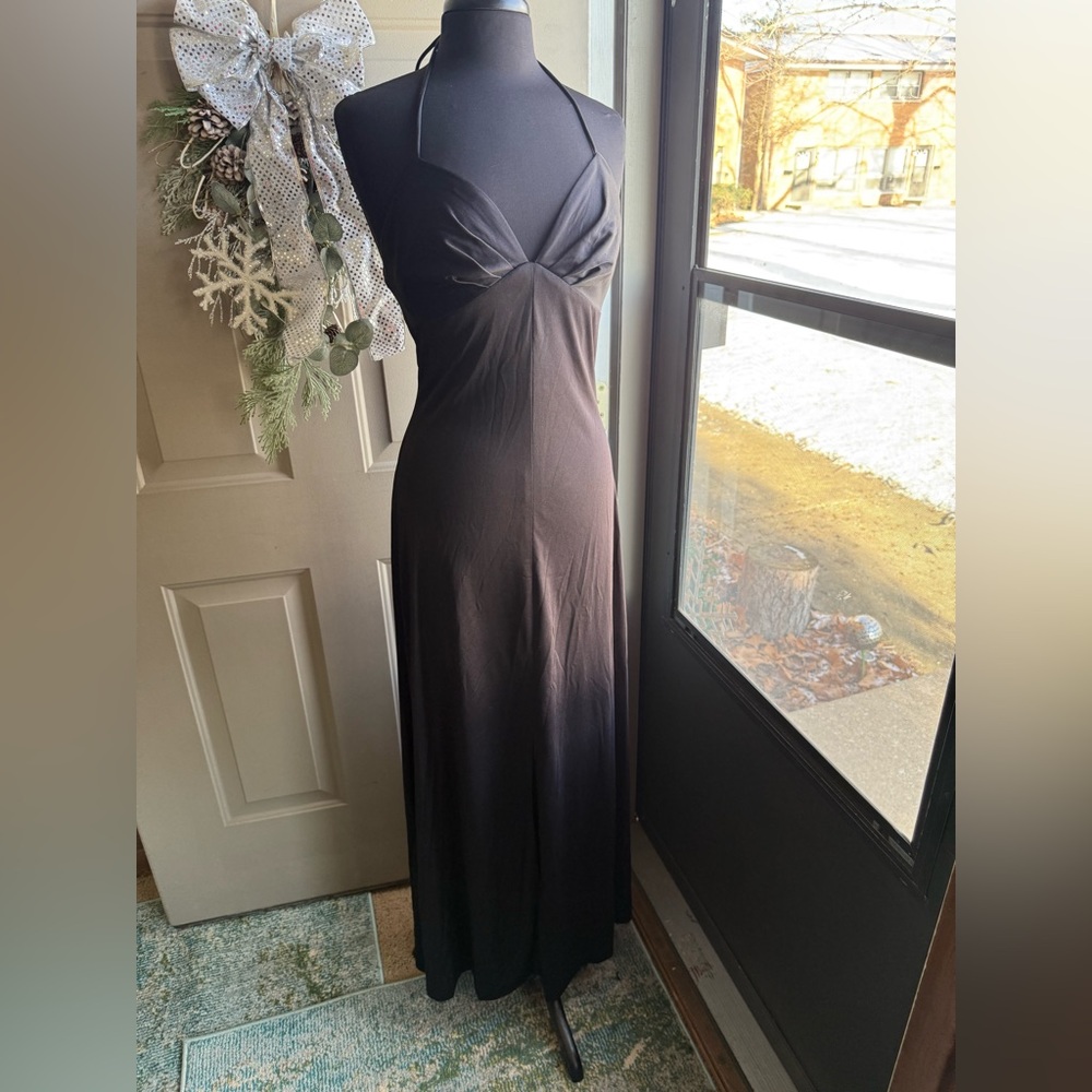 Vintage 70s Joy Stevens slinky black halter maxi dress, size medium